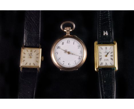 A vintage 9ct gold Omega ladies wristwatch, squared case having baton numerals to dial, appears to run, on black leather stra