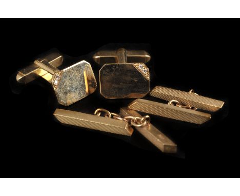 Two pairs of 9ct gold cufflinks, including one pair with plain rectangular panels set with two clear stones, the others with 