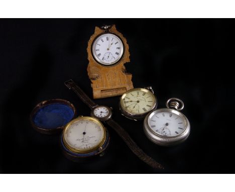 A group of three open faced pocket watches, two silver examples, and one white metal from A.W & Co, together with a silver tr