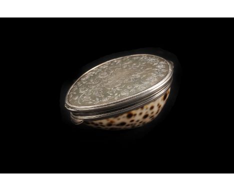 A fine and rare 19th century shell snuff box, having an ornately engraved white metal cover and rims applied to the Tiger Cow