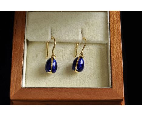 A pair of modern Russian 18ct gold and enamel earrings from Faberge, the ovoid forms with blue enamel ground and fleur de lys