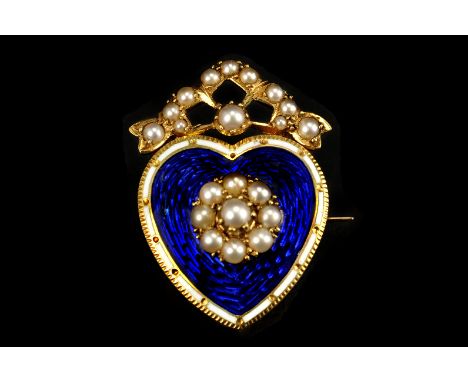 A 19th century gold and enamel heart brooch, with blue guilloche ground, having a white band to rim, centre set with a cluste