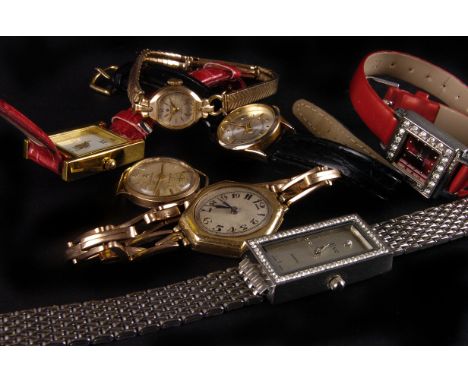 A group of vintage and modern ladies wristwatches, including an 18ct gold cased on a 15ct gold expanding strap, a 9ct gold Ve