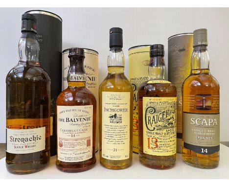 Single Malt Scotch Whisky, various ages, 5 bottles. The Balvenie, aged 14 years, extra matured in rum casks, 43%, 70cl; Stron