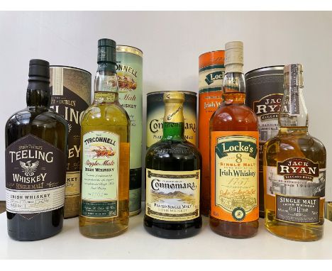 Irish Whiskey, 5 bottles. Connemara Peated Single Malt, 40%, 70cl; Jack Ryan Beggars Bush, aged 12 years, 46%, 70cl; Teeling,