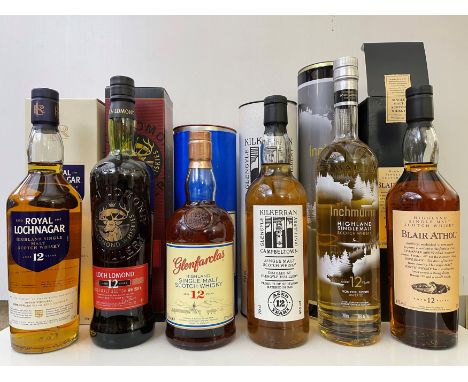 Single Malt Scotch Whisky, 12 year olds, 6 bottles. Loch Lomond, 46%, 70cl; Royal Lochnagar, 40%, 70cl; Inchmurrin, 46%, 70cl