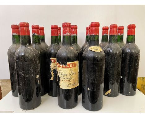 Chateau Grace Dieu, St Emilion 1962, Lebegue,17 bottles, levels vary, dusty appearance, nearly all lacking labels (one bottle