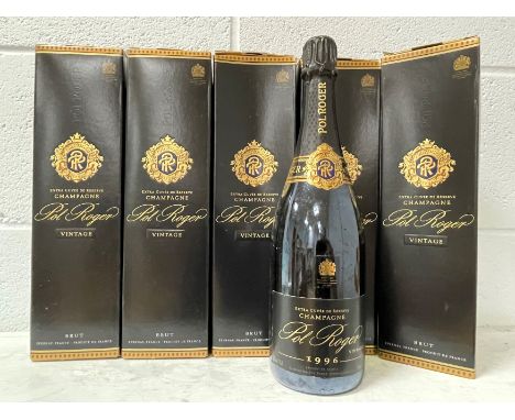 Champagne Pol Roger 1996, Extra Cuvee de Reserve, 5 bottles in individual gift boxes(removed from a Cambridge college cellar,