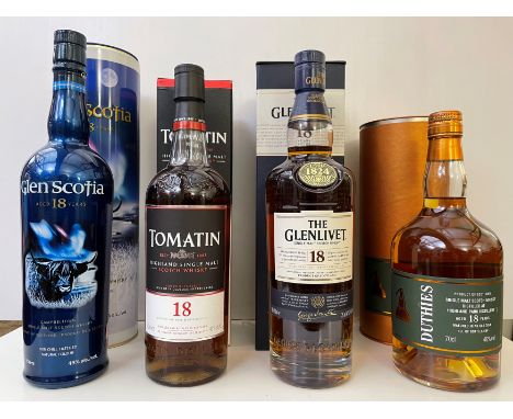 Single Malt Scotch Whiskies, 18 year olds: The Glenlivet, 43%, 70cl; Duthies, 46%, 70cl; Tomatin, 46%, 70cl; Glen Scotia, 46%