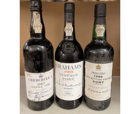 Graham's Vintage Port 1985; Churchill's 1982; Findlater's LBV 1996, together 3 bottles 