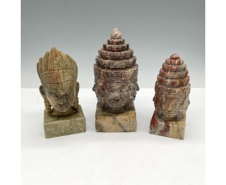 Delicately carved bust on square base - Four faces of Buddha 6.5" and 5" plus Brahma bust 5.5". Cambodia plus sculpture name 