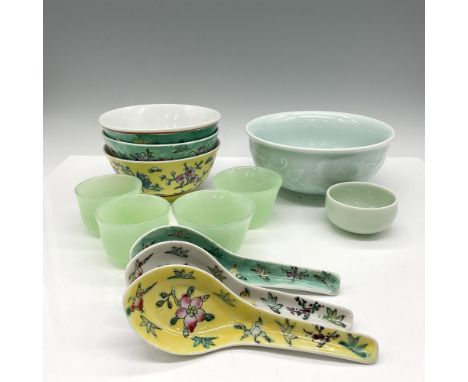 This mix of porcelains include 4 jade green sake cups, 1 lighter green cup, large serving bowl, 3 hand painted floral soup bo