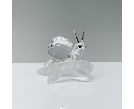 A beautiful clear crystal snail decorated with melon colored crystal eyes and rhodium antennas that is sliding on top of a fr