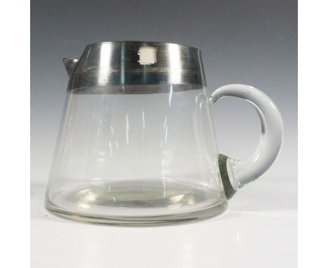 Mid Century glass pitcher with pierced ice lip and silver painted band rim. Artist: Dorothy ThorpeIssued: c. 1950sDimensions: