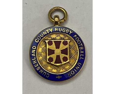 A hallmarked 9ct gold  and enamel medal 'Cumberland Country Rugby Football Union' Season 1928/29 11.27g 