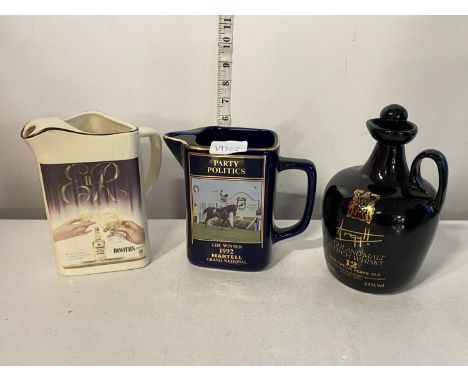Three assorted whiskey related water jugs, shipping unavailable