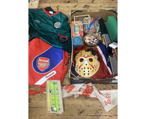 A box of assorted collectibles including football shirt, Subbuteo etc