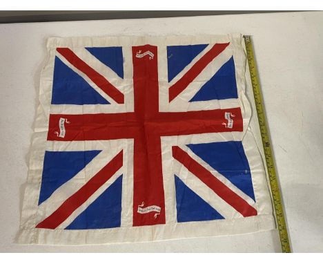 A WW1 period printed handkerchief it reads 'Defence not Defiance, Our King and Country, Faithful to Flag' 49sq