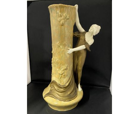 An art nouveau Dresden pottery vase H36cm small nibble to rim and base, shipping unavailable