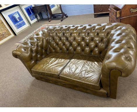 Mid brown leather Chesterfield two seater sofa, 160cm wide, 90cm deep and 65cm high