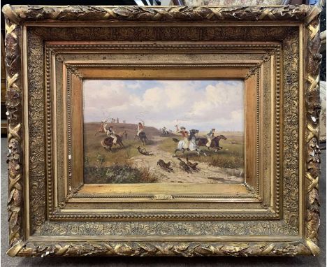 N.Bossow (German, circa 19th century) label on verso inscribed "Wolfgarn Ungarn" (Wolf Hunt), oil on panel board, signed, 25x