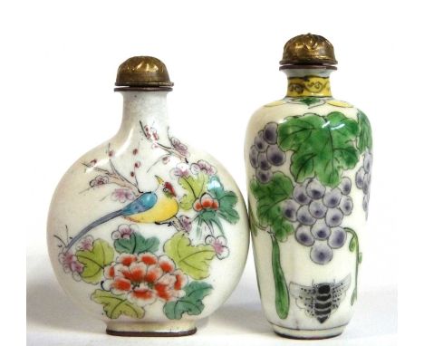 Two Chinese enamel scent bottles with covers, one with painted decoration of flowers and fruit, the other with birds