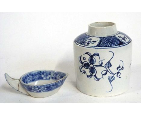 A late 18th Century Pearl ware tea caddy with blue and white floral design together with a flow blue small pap boat