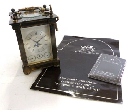 A fine quality repeating carriage clock by Matthew Norman model 1781. The dial with silvered chapter ring with Roman numerals
