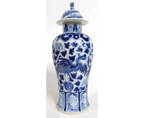 Chinese porcelain vase with blue an white decoration of a phoenix amongst flowers, four character Kangxi mark to base, 19th C