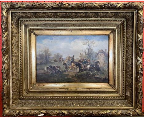 N.Bossow (German, circa 19th century) label on verso inscribed "Herrschaftliche Stagd", oil on panel board, signed, 25x38cm, 