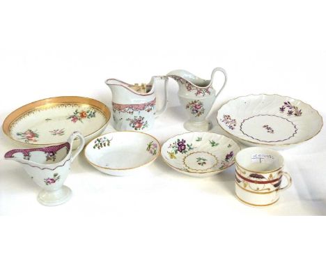A collection of late 18th Century porcelain wares including New Hall helmet shape jugs, Worcester side plates, Coalport coffe