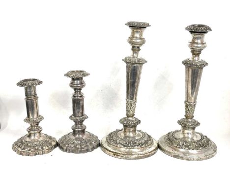 Two pairs of Victorian silver-plated candle sticks (a/f) 30cm and 20cm tall