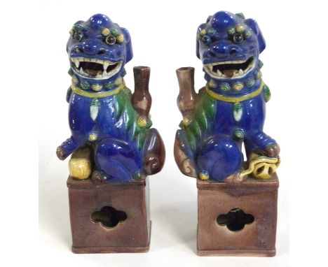 A pair of Chinese dogs of fo on brown rectangular bases, the main body with a blue Maiolica type glaze, 26cm high