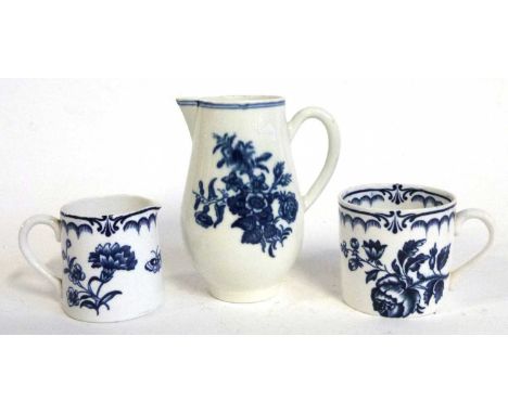 A Caughley jug with blue printed design together with a Booths small mug and a Booths jug