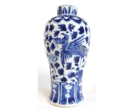 19th Century Chinese porcelain vase, the baluster body with blue and white decoration in Kangxi style, 18cm high (section of 