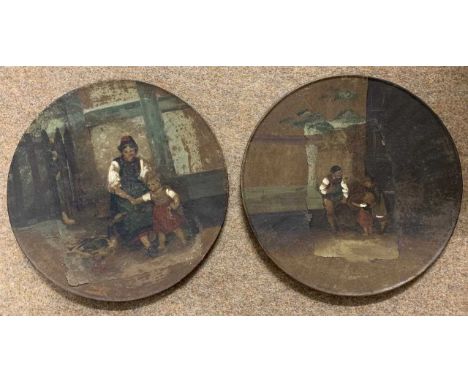 In the manner of Italian School, circa 20th century, The Basket Weaver, plus mother with child and goose, mixed media on oval