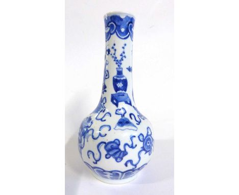 A 19th Century Chinese porcelain vase with blue and white decoration of auspicious objects in Kangxi style with four characte