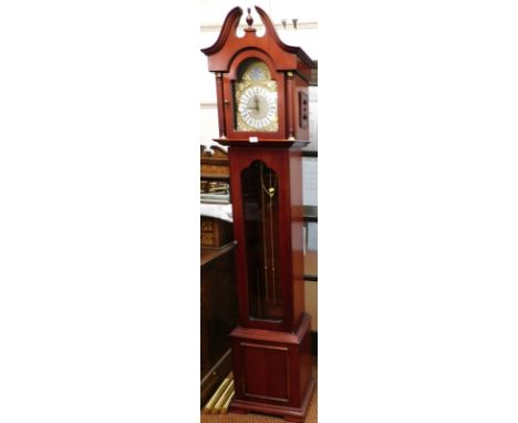 A modern mahogany cased Westminster Germany longcase clock, with pendulum and two weights with arched pediment top, 213cm hig