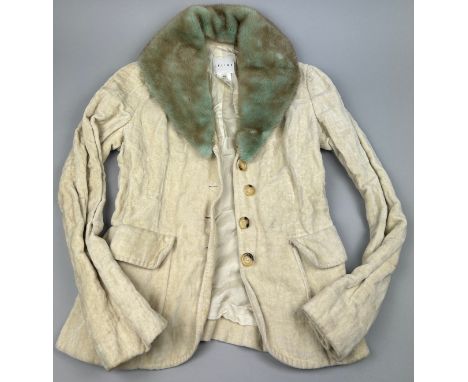 A CELINE LADIES JACKET WITH GREEN COLOURED MINK FUR COLLAR, Collar is detachable. Wear and marks commensurate with use