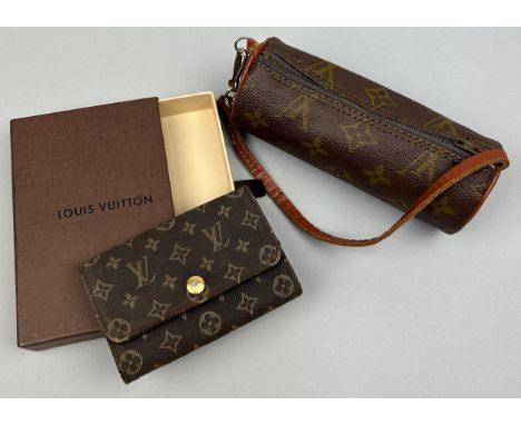 A LOUIS VUITTON WALLET IN ORIGINAL BOX ALONG WITH A LOUIS VUITTON MINI BANDOLIER BAG, Both with classic monogram design. Zip 