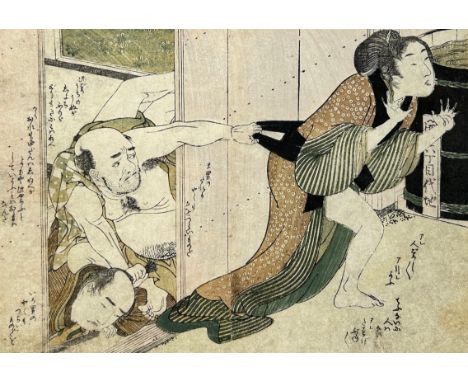 KITAGAWA UTAMARO (1753-1806) JAPANESE SHUNGA WOODBLOCK PRINT CIRCA 1802. Plate from 'Ehon Hana Fubiki' depicting a scene of a