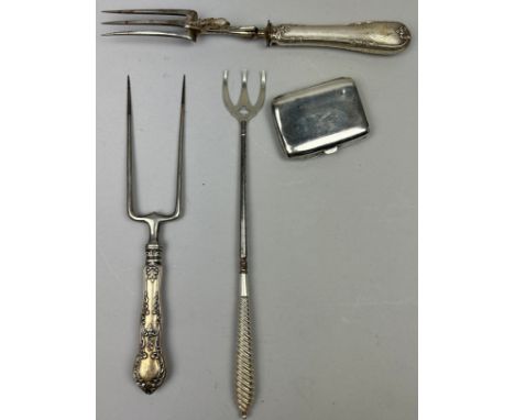 A COLLECTION OF SILVER OR PLATE FORKS AND A SILVER CIGARETTE HOLDER. One fork marked sterling, one with carved stag mount, on