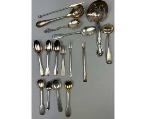 A COLLECTION OF SILVER SPOONS, FORKS AND OTHER SILVERWARE, to include a Tiffany and Co silver fork marked 1880 with thistle e
