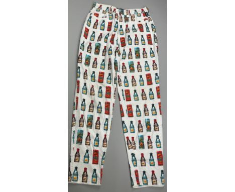 A RARE PAIR OF 1980'S VERSACE POP ART ANDY WARHOL MANNER LADIES 'BOTTLE' TROUSERS28' x 28' 