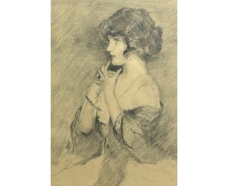 A HIGHLY COMPETENT PENCIL SKETCH OF A LADY, in revealing attire mounted in a red border with gilt frame.36cm x 24cm 