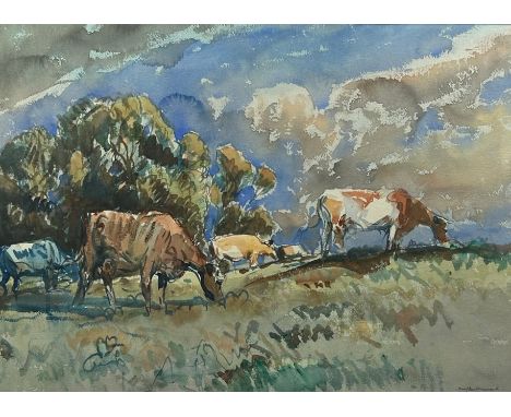 ARTHUR HENRY KNIGHTON-HAMMOND (1875-1970), a large watercolour of cattle grazing in a field, framed and glazed. Signed to the