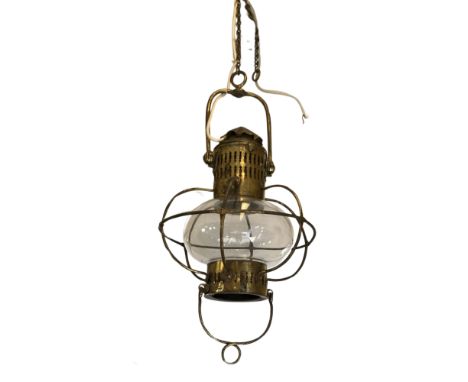 Roland Morris collection. A brass nautical gimbal hanging oil lamp by Sherwood Birmingham circa 1900 together with another on