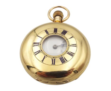 A late 19th century 18ct half hunter stem wind pocket watch by P A Guye London serial No. 68731 with blue enamel roman numera