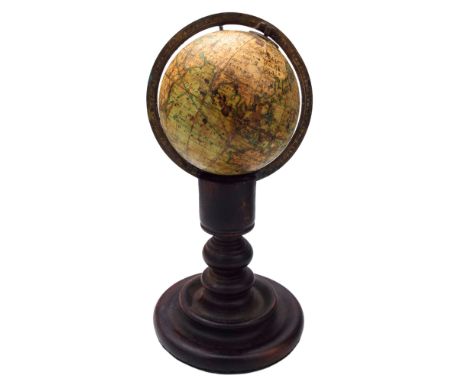 A Newton's New & Improved 3 inch Terrestrial pocket globe, 'N66 Chancery Lane, London, published 1817', on turned wood stand,