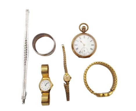 An Omega gold plated pocket watch with Roman Numeral chapter ring on white enamel dial and subsidiary dial, diameter 4cm toge
